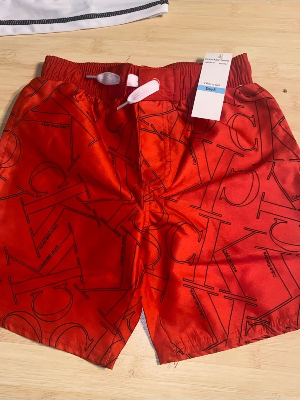 New Calvin Klein Boys Swim 2 piece Set Trunks Shirt Toddler Red White